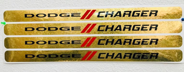 "Dodge-Stripes-Charger" Turned Gold Door Sill Decals - Click Image to Close